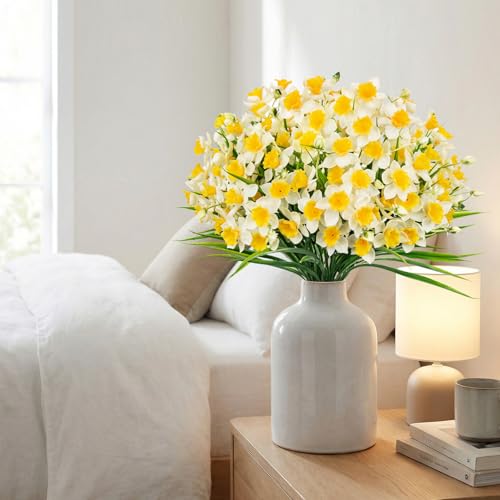 6 Bundles Daffodils Artificial Flowers, 14.2" Faux Daffodils with 90 Flower Heads Real Touch Fake Spring Flower White & Yellow Decorative Flowers Bouquet for Home Wedding Centerpieces Vase Arrangement - color: White, size: 6 Bundles-14.2 Inch