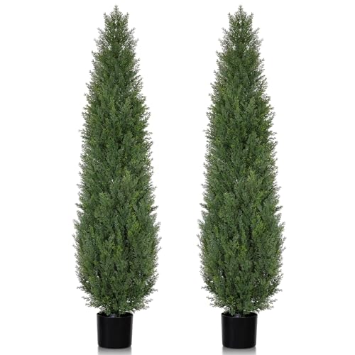 Artificial Cedar Topiary Trees 5 FT Faux Cedar Tree for Outdoor Planters Evergreen Plant, 60 inch UV Rated and Lush Fake Cypress Tree Shrubs for Gateway Front Door Porch Patio Garden, Set of 2 - color: Deep Green, size: 5 FT