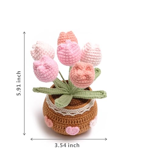 Crocheted Tulip Bouquets, Artificial Tulip Hand-Woven Flowers Suitable for Home, Office Decorations and Birthday Gifts for Family and Friends Anniversary (6 Flowers-Pink) - color: Pink a, size: A