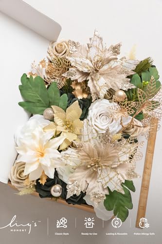 Ling's moment Christmas Flowers Artificial, White Poinsettias Artificial Christmas Flowers and Greenery Deluxe Combo for DIY Wedding Bridal Bouquet, Centerpieces, Home, Floral Arrangement Decor, etc. - color: Grn-champagne Chrismas, size: Deluxe