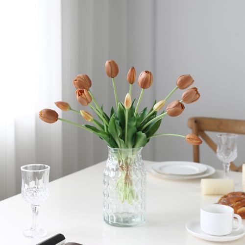15 Pcs Coffee Artificial Tulips Fake Flowers, Premium Latex Lifelike Texture, UV Resistant Waterproof Faux Tulip Bouquets with Snap-on Petals for Outdoor, Home, Wedding Decor - color: Coffee
