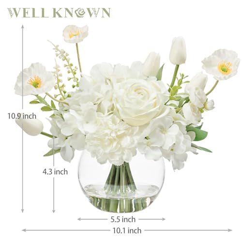 WELL KNOWN Artificial Flowers for Table Decoration Silk Hydrangea Flowers with Vase Fake Flower Arrangements in Round Bowl Vase with Faux Water for Summer Spring (White) - color: Mix Hydrangea-white