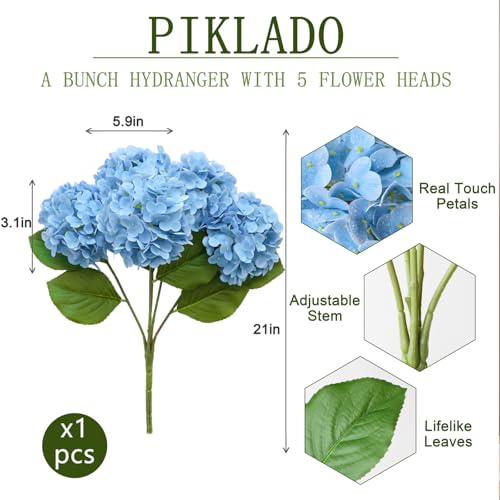 A Bunch 21in, Real Touch Hydrangea Artificial Flowers, with 5pcs Flower Head 10pcs Leaves, Faux Hydrangea Flowers for Home Office Decor Wedding Party Arrangements (1, Blue) - color: Blue, size: 1 Bunch