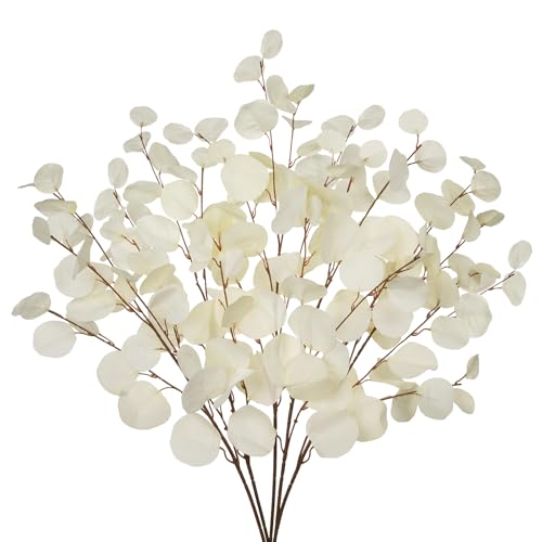 Cream White Eucalyptus Stems Fake Eucalyptu Leaves 34” Long Silver Dollar Leaves 5 Pcs Silk Eucalyptu Stems for DIY Bouquet Arrangements Centerpieces Shower Decorations-Artificial Eucalyptus Spray - color: Cream White