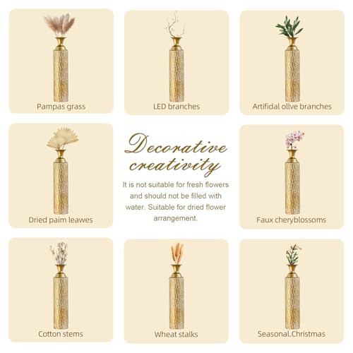 Tall Floor Vases Set of 3 for Decor Living Room Floor, Gold Vases Home Decor, Embossed Body Pattern, 33.85" H/29.13" H/24.8" H Geometric Cylinder (Gold 4) - color: Gold 4