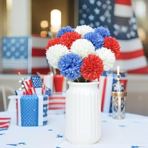 Artificial Chrysanthemum Ball Flowers Bouquet 12pcs on 4th of July Glorious Moral for Home Office Coffee House Parties Decoration (Red White Blue) - color: Red White Blue