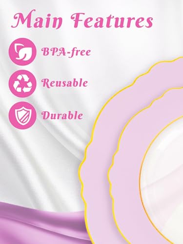 WDF 60Pcs Pink Plates Disposable with Gold Rim - Baroque Clear Pink and Gold Plastic Party Plates Ideal for Wedding/Baby Shower/Spring - color: Clear Pink with Gold Rim, size: 60PCS
