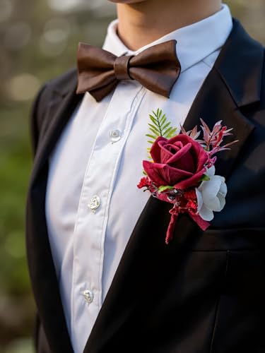 Corsage and Boutonniere Set with Burgundy Roses for Bride, Groom, Bridesmaids Groomsmen Weddings, Proms, Homecomings. Perfect Party Suit Decor Wedding Flowers Accessories (Burgundy) - color: Burgundy