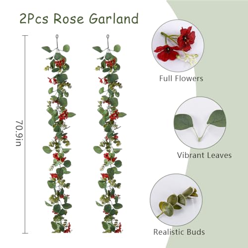 2Pack Eucalyptus Flower Garland with Violet 5.9Ft Artificial Ivy Greenery Hanging Vine Fake Ivy Floral Plants Garland for Wedding Outdoor Garden Party Background Table Runner, Total 11.8Ft, Red - color: Red Violet