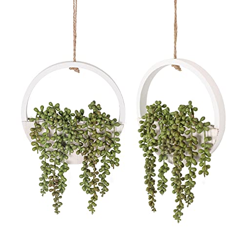 Floweroyal 2pcs Artificial Succulents Hanging Plants 12.2'' Fake String of Pearls in Pot with 8.3'' Lanyard for Indoor Outdoor Wall Decor. - color: Type1-green-2pcs