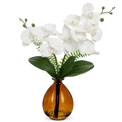 Oairse White Orchids Artificial Flowers, Faux Orchid in Glass Vase Real Touch Small Phalaenopsis Orchid Flowers Arrangements with Amber Vase Orchids Centerpiece for Dining Room Table - color: White & Amber