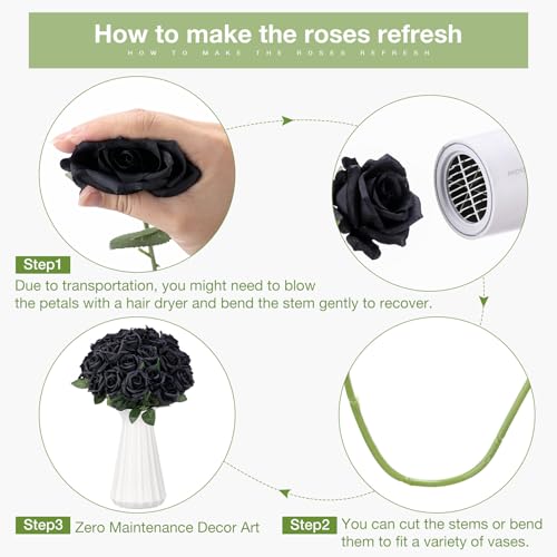 Thiccywoov 30 Pcs Rose Artificial Flowers in Bulk Lifelike Long Stem Silk Roses Bouquets Realistic Faux Flowers for Wedding Bridal Shower Home Decor Floral Arrangements Table Centerpiece(Black) - color: Black