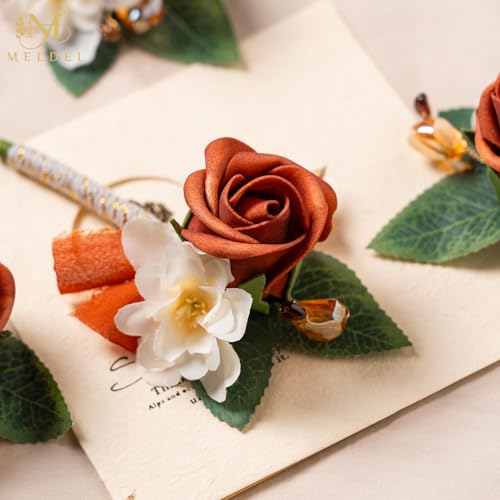6Pcs Burnt Orange/Terracotta Faux Foam Rose Boutonnieres for Men | Artificial Rose Boutonnieres for Men Wedding Prom Groom Groomsmen Homecoming Party Suit Decoration - color: Orange Corsage