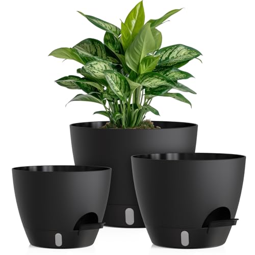 Self Watering Pots with Drainage Holes, 3 Pack 12/10/8 Inch Plant Pots with Water Level Indicator Deep Reservoir, Large Plastic Planter for Indoor Outdoor Plants - Black - color: Black, size: 12+10+8 Inch Set