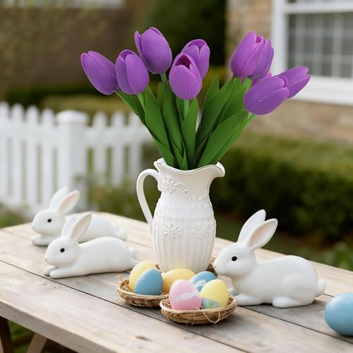 Artificial Tulips Flowers Fake Latex Tulip Stems - 30pcs Real Touch Faux Multicolor Tulips Flower for Easter Spring Wedding Bouquet Centerpiece Floral Arrangement Cemetery Table Decor - color: Purple