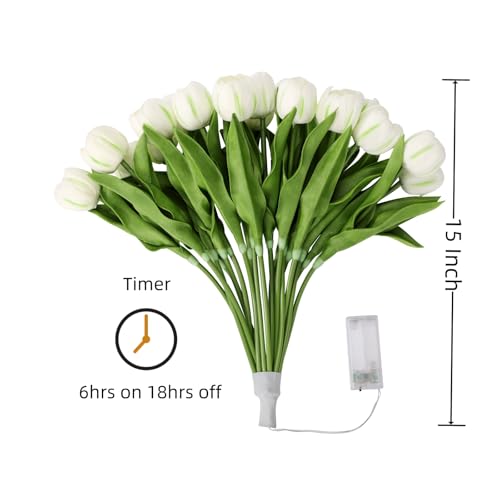 HOMESEASONS 20 Stems LED Lighted Artificial Flowers Tulip Lamp Real Touch Tulips Faux Flower Lights for Valentine's Day and Easter Home Kitchen Wedding Dining Table Decor(White) - color: White