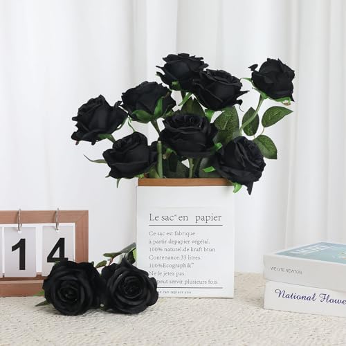 Black Fake Roses Artificial Flowers - 16 Pcs Fake Artificial Roses Silk Flowers with Stems for Home Wedding Hotel Office Centerpiece Decor - color: Black, size: 16 Pcs