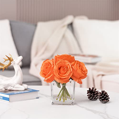 Silk Rose Artificial Flowers in Vase, Faux Floral Arrangement with Fake Water in Vase for Home Decor, Wedding Table (Orange) - color: Orange