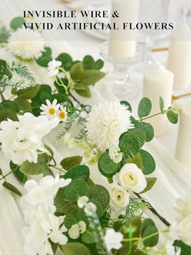 MISSPIN 5.9Ft Eucalyptus Garland with Flowers, Artificial Fake Flower Greenery Spring Garland for Baby Shower Wedding Mantle Table Centerpiece Spring Decor - color: White