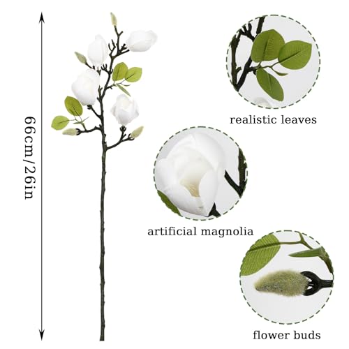 6PCS Artificial Magnolia Flowers Stems for Spring Decoration,26In Artificial White Fake Flowers with Buds Faux Long Stem Floral Arrangement for Vase Table Centerpiece Indoor Home Decor - color: White Green