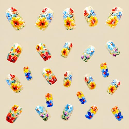 24 Pcs Press-on Nails, Square, Glossy, Floral Modern, Multicolor, ABS Material, Full Well Tips, False Nails, Easy to Apply, 12 Different Sizes, 1 Set - color: Flower Square12
