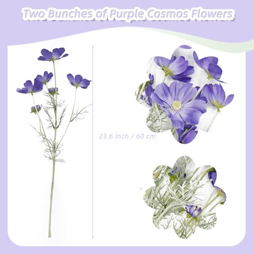 Purple Artificial Flowers Fake Cosmos Flowers, 2 Pcs Wedding Bouquets Artificial Cosmos Flowers Bulk, 23.6 Inch Realistic Artificial Flower Faux Silk Cosmos for Vase, Dining Table, Floral Arrangement - color: Deep Purple, size: 2pcs