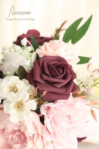 Floroom Blush Burgundy Artificial Flowers Dark Red Fake Roses Peonies Dahlia and Greenery Combo Box Set for DIY Wedding Bouquets Bridal Shower Centerpieces Floral Arrangements Party Tables Decorations - color: Blushing Burgundy