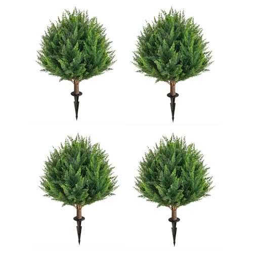 25Inch Artificial Cedar Topiary Ball Trees Set of 4 - UV Resistant Faux Shrub Bushes with Ground Spike, Indoor/Outdoor Artificial Plants for Front Porch, Garden, Patio & Planters - color: Green