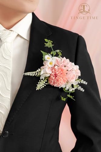TingeTime Single Pocket Boutonniere for Man Groom, Best Man Boutonniere for Wedding Ceremony Anniversary, Formal Dinner Party and Rustic Spring Wedding Marriage(PeachPink&White) - color: Peachpink&white