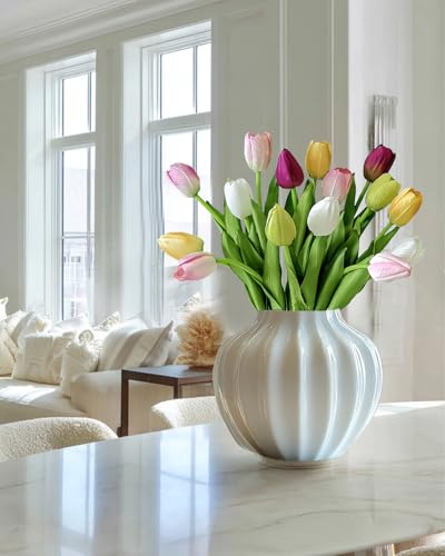12pcs Tulips Artificial Flowers Real Touch Silk Faux Flowers Tulip Stems for Wedding Spring Bouquet Floral Arrangement Home Party Office Decorations (White Pink Yellow Green) - color: White Pink Yellow Green