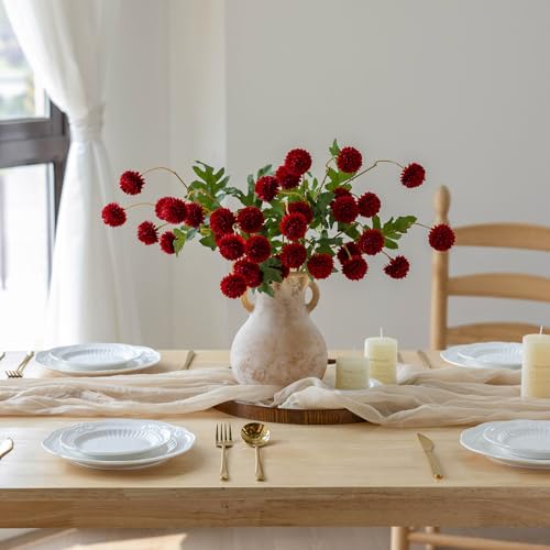 mizii 6Pcs Red Fake Silk Pompon Mum Artificial Flowers Bulk Small Faux Chrysanthemums with Stems Realistic Floral Decorations for Wedding DIY Bouquet Centerpieces Shower Vase Home Decor (Red) - color: Red
