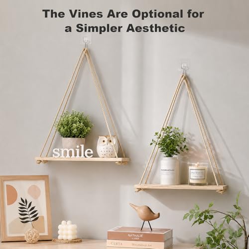 RICHER HOUSE Macrame Floating Shelves for Wall No Drilling, Boho Hanging Shelf with Artificial Ivy and LED Lights, Plant Wall Decor for Living Room Bedroom Dorm - color: Ivya*2