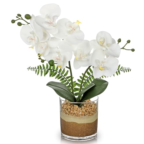Oairse White Orchids Artificial Flowers with Vase Faux Orchids Plant in Pot | 13.7“ Phalaenopsis Orchid Flower Arrangements White Centerpiece for Kitchen Dining Room Table Bathroom Shelf Desk Decor - color: White Orchid & Brown Sand