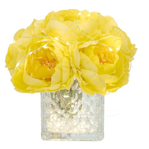 Artificial Peony Silk Flower Centerpieces with LED Light Faux Floral Arrangement in Glass Vase for Home Wedding Table Decoration (Yellow) - color: Light-yellow
