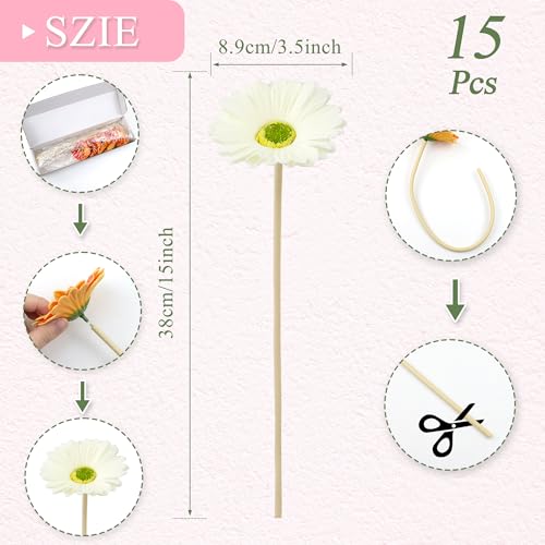 15 Pcs 15 Inch White Artificial Gerbera Daisy Flowers - Fake Mums Daisies Bouquet for Wedding Decor, Party Decorations, Home Kitchen Decorations - color: White - Gerbera