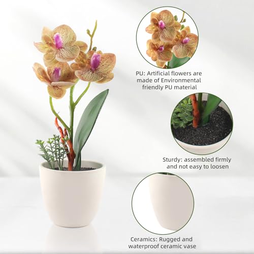 4Pcs Artificial Flowers Orchid Fake Phalaenopsis Small Potted Plant Ceramic Vase for Table Centerpiece Home Office Bathroom Wedding Decor - color: 4 Colors