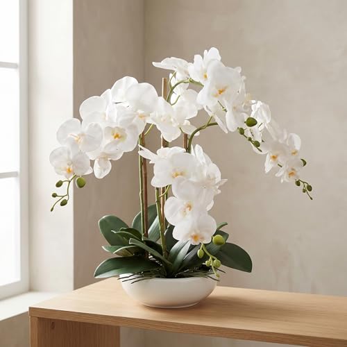 Larksilk 20" White Phalaenopsis Orchid in White Round Pot - Realistic Faux Orchid Arrangement