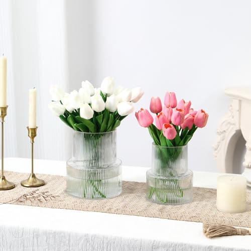 Ribbed Glass Vases for Bouquet, Set of 2 Fluted Vases for Flowers, Clear Vase for Tulips, Modern Glass Vase for Living Room, Office, Coffe Table, Dining Table, Shelf, Wedding - color: Clear, size: Ribbed Mixed Sizes (2-Pack)