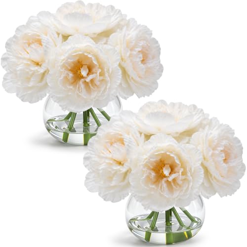 Zeyune 2 Pack Peonies Artificial Flowers with Vase Faux Peonies Flowers Fake Silk Peony with Faux Water for Home Table Centerpieces Wedding Baby Shower Birthday Party Decoration (White) - color: White, style: Peonies