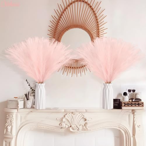 obbsie 50pcs Pink Faux Pampas Grass Decor, 21.6" Short Artificial Floral Branches Vase Filler Flower Arrangement for Home Wedding Boho Outdoor Decor - color: Pink, size: 50 PCS