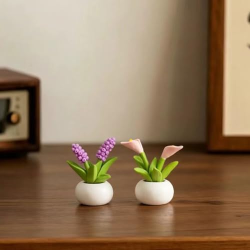 Resin Flower with Pot 2 Pcs Mini Artificial Cally Lily Hyacinth Flower Flowers Potted Plants Figurines for Car Dashboard Home Kitchen Rustic Table Shelf Decor, Purple+Beige - color: Purple+beige