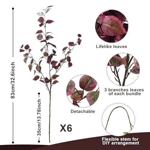 6 Pcs Artificial Fall Stems Long Stem Fall Flowers for Tall vase Burgundy Eucalyptus Stems Lifelike Faux Fall Foliage Stems Dusty Plum Stems for Indoor Home Table Vase Centerpiece Farmhouse Fall Decor - color: Red Brown