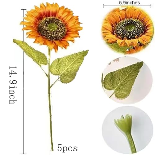 5pcs Artificial Sunflowers Vintage Fake Silk Sunflowers Fake Sunflowers Bouquet Large Sunflowers Decor for Home Hotel Office Wedding Party Garden(Orange) - color: Orange