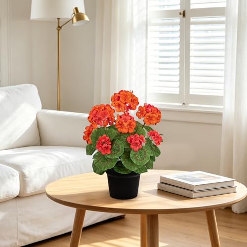 Briful 15.7in Artificial Geranium Plant in Black Pot, Orange Faux Potted Flowers, Real Touch Geraniums for Indoor Outdoor Decor, Table Centerpiece Farmhouse Home, Office, Porch & Living Room Decor - color: Orange#586