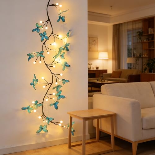 Blue Butterfly LED Tree Branch Lights for Wall, Butterfly Vine Lights for Bedroom with 72 LED Flower String Lights and USB Powered,8Lighting Modes for Indoor Window Wedding Decor (63in) - size: 63in, style: Blue butterfly