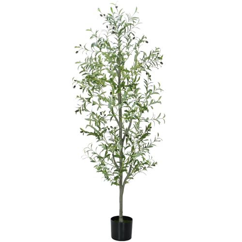 6 FT Faux Olive Tree Indoor, Tall Artificial Silk Olive Tree 6 FT, Large Indoor Fake Olive Trees with Realistic Leaves, Branches, Fruits, Faux Olive Trees Artificial Plants for Home (6 Feet) - color: Olive Green, size: 6ft