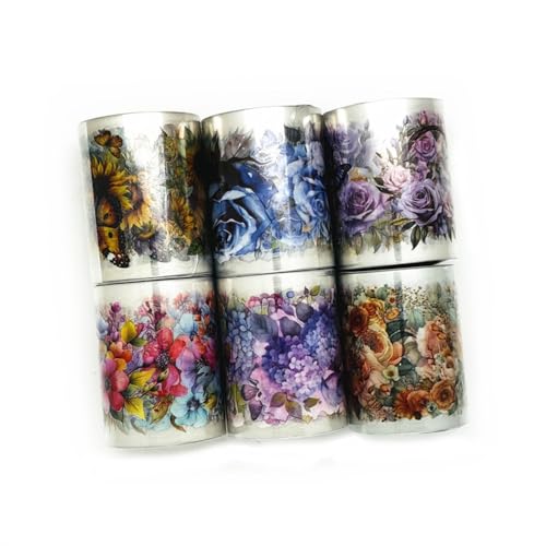 Koolemon 6Rolls PET Flower Tape for Journal Scrapbook Decorative Stickers | Precut Waterproof Floral Multicolor Easy to use
