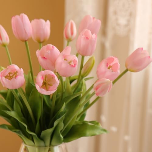 Fake Tulips Real Touch Artificial Flower Bouquet Faux Latex Tulips Flowers for Home Table Party Wedding Decoration 10 Pcs (Pink) - color: Pink