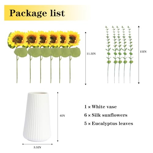 Artificial Flowers with Ceramic Vase, Silk Sunflower Fake Flowers in Vase for Home Office Decoration, 15'' Floral Arrangements for Dining Table Centerpiece, Bathroom, Wedding Decor