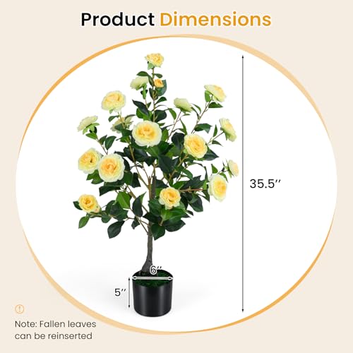 Goplus 35.5’’ Artificial Camellia Tree, Flower Plants Artificial Tree, Faux Floral Plant Blooming Tree in Cement Pot, Greenery Potted Plant for Indoor Outdoor Office Home Porch Decor - color: Yellow, size: 35.5 inch